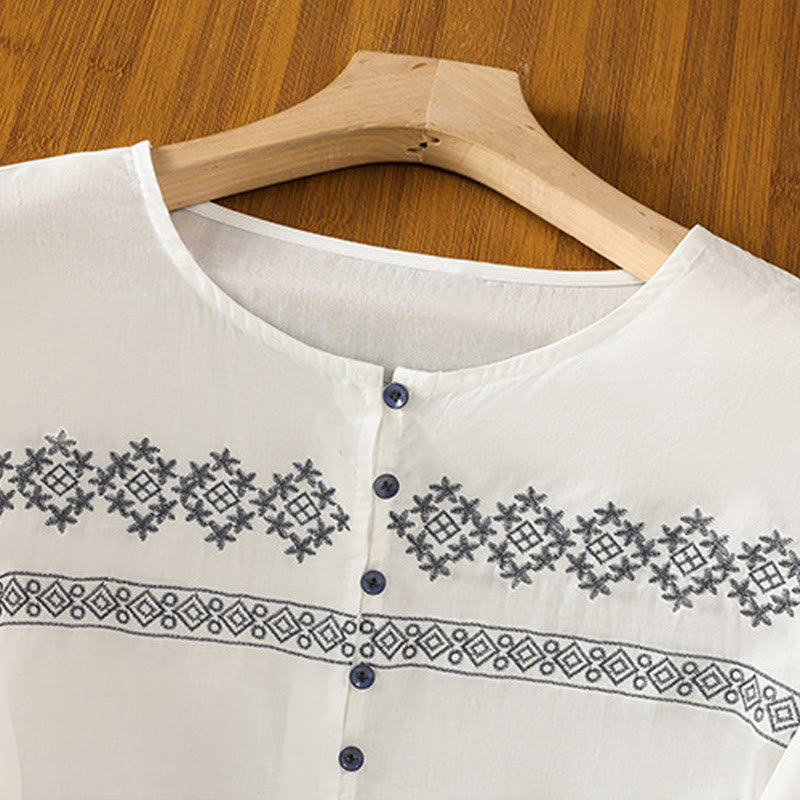 Camisa de algodón para mujer con mangas largas tipo farol y botones plisados ​​con bordado de Buddha Stones - image 2