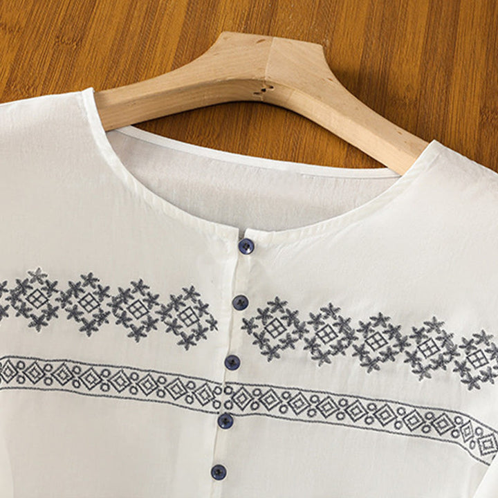 Camisa de algodón para mujer con mangas largas tipo farol y botones plisados ​​con bordado de Buddha Stones - image 2