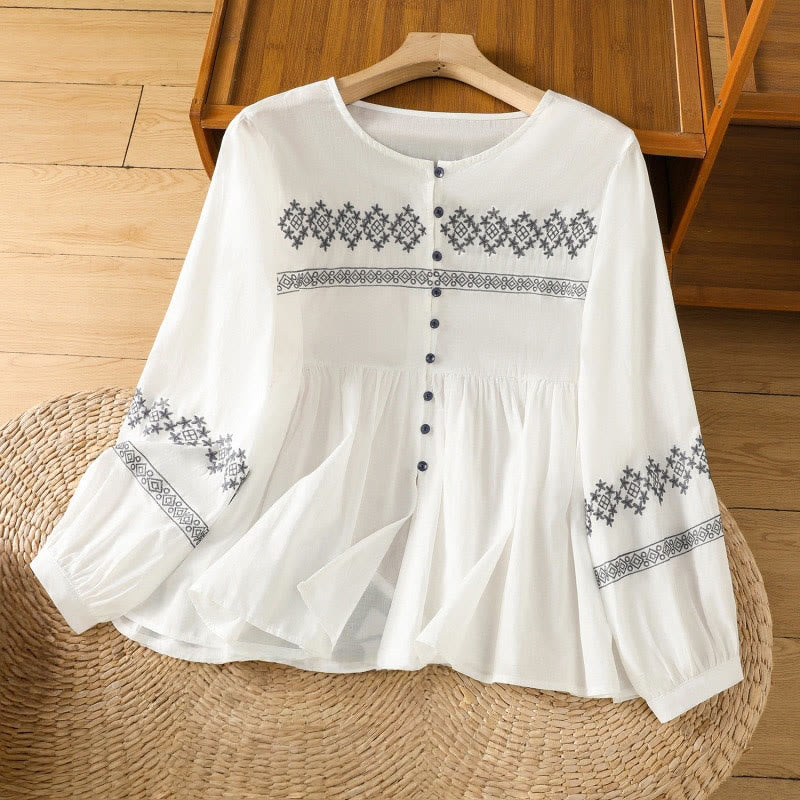 Camisa de algodón para mujer con mangas largas tipo farol y botones plisados ​​con bordado de Buddha Stones - Blanco - US12, UK/AU16, EU44 (2XL) - image 0