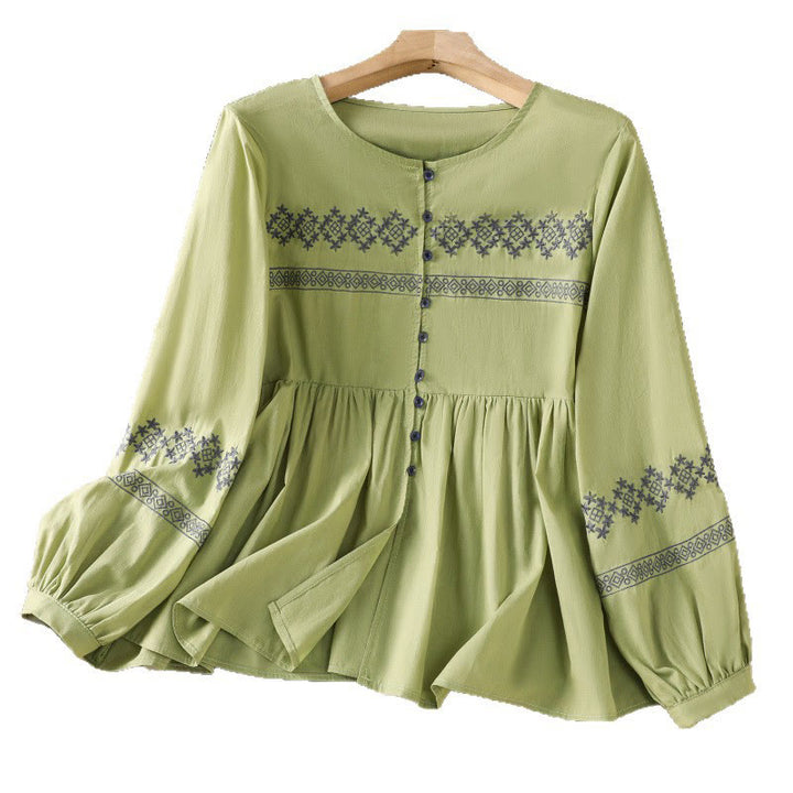 Camisa de algodón para mujer con mangas largas tipo farol y botones plisados ​​con bordado de Buddha Stones - image 28