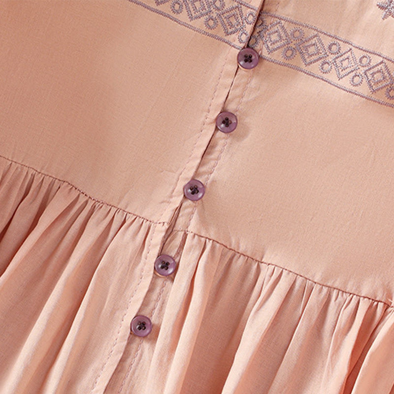 Camisa de algodón para mujer con mangas largas tipo farol y botones plisados ​​con bordado de Buddha Stones - image 14