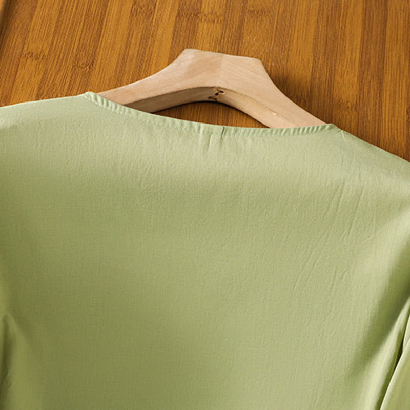 Camisa de algodón para mujer con mangas largas tipo farol y botones plisados ​​con bordado de Buddha Stones - image 23