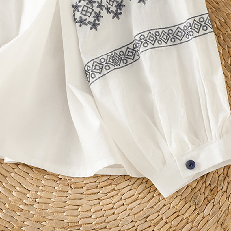 Camisa de algodón para mujer con mangas largas tipo farol y botones plisados ​​con bordado de Buddha Stones - image 7