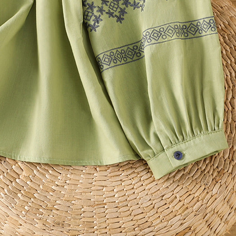 Camisa de algodón para mujer con mangas largas tipo farol y botones plisados ​​con bordado de Buddha Stones - image 26