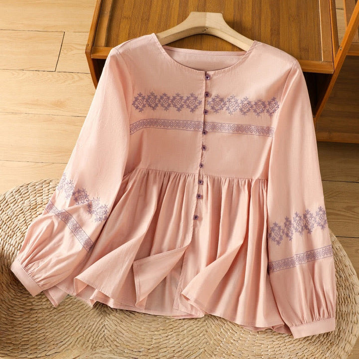 Camisa de algodón para mujer con mangas largas tipo farol y botones plisados ​​con bordado de Buddha Stones - Salmón claro - US12, UK/AU16, EU44 (2XL) - image 9