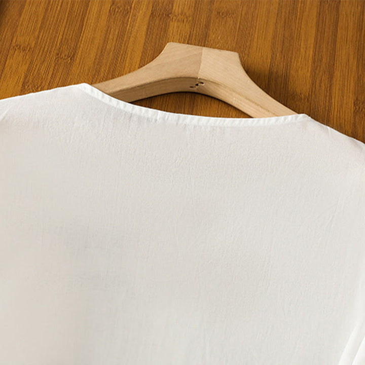 Camisa de algodón para mujer con mangas largas tipo farol y botones plisados ​​con bordado de Buddha Stones - image 4