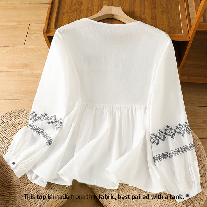 Camisa de algodón para mujer con mangas largas tipo farol y botones plisados ​​con bordado de Buddha Stones - image 1