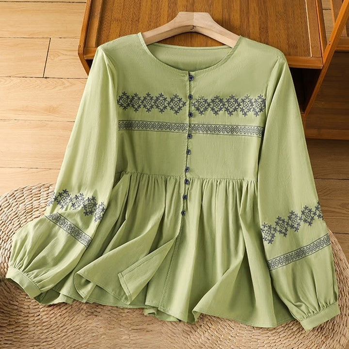 Camisa de algodón para mujer con mangas largas tipo farol y botones plisados ​​con bordado de Buddha Stones - AmarilloVerde - US12, UK/AU16, EU44 (2XL) - image 19