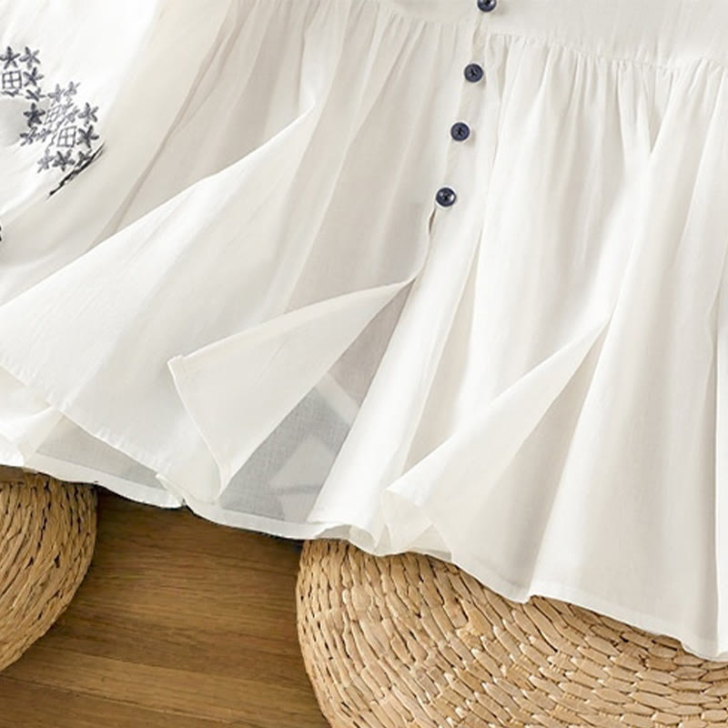 Camisa de algodón para mujer con mangas largas tipo farol y botones plisados ​​con bordado de Buddha Stones - image 8