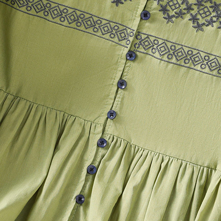 Camisa de algodón para mujer con mangas largas tipo farol y botones plisados ​​con bordado de Buddha Stones - image 24