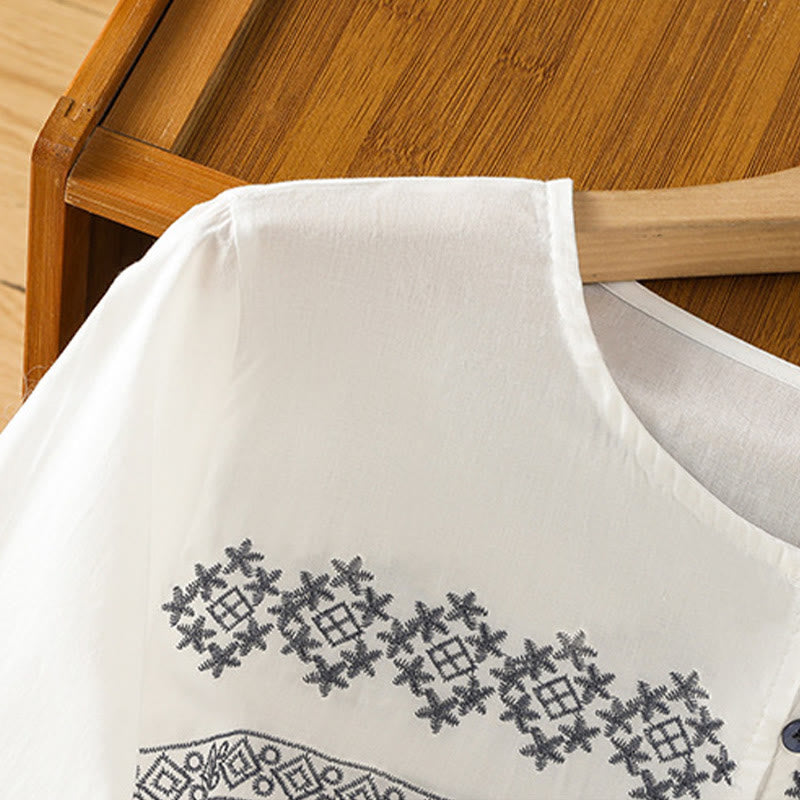 Camisa de algodón para mujer con mangas largas tipo farol y botones plisados ​​con bordado de Buddha Stones - image 3