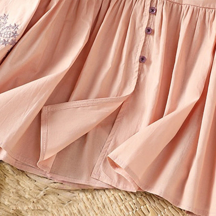 Camisa de algodón para mujer con mangas largas tipo farol y botones plisados ​​con bordado de Buddha Stones - image 18