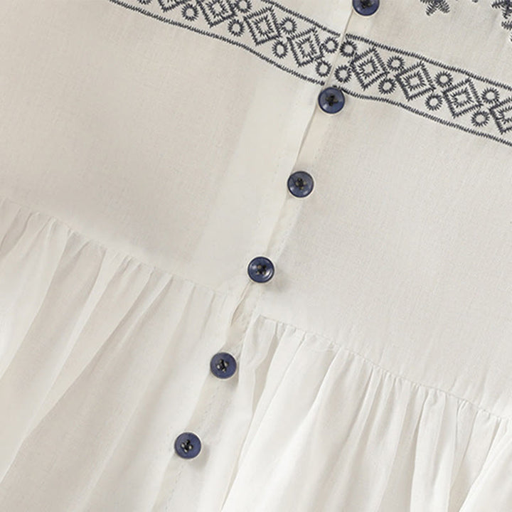 Camisa de algodón para mujer con mangas largas tipo farol y botones plisados ​​con bordado de Buddha Stones - image 5