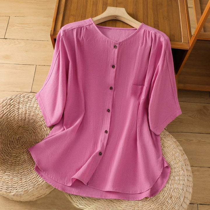 Camisa informal de lino y algodón para mujer, de manga corta, con botones y bolsillo , de Buddha Stones - Rosa intenso - US8-10，UK/AU12-14，EU40-42 (2XL) - image 35