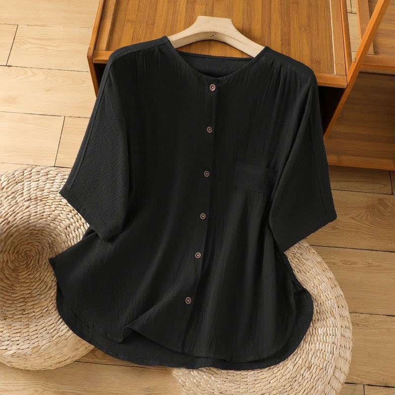 Camisa informal de lino y algodón para mujer, de manga corta, con botones y bolsillo , de Buddha Stones - Negro - US8-10，UK/AU12-14，EU40-42 (2XL) - image 9