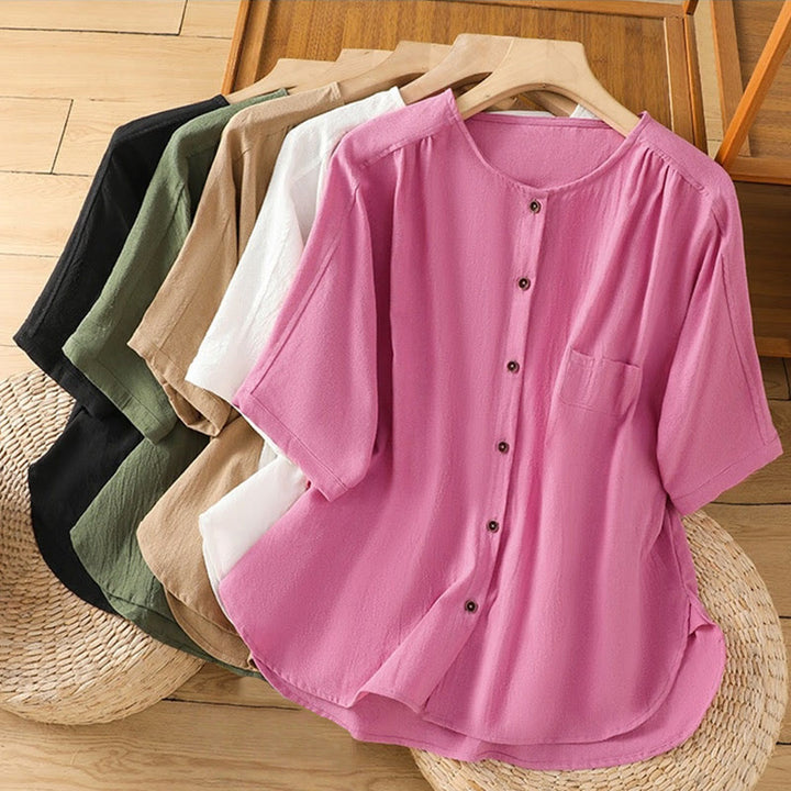 Camisa informal de lino y algodón para mujer, de manga corta, con botones y bolsillo , de Buddha Stones - image 40