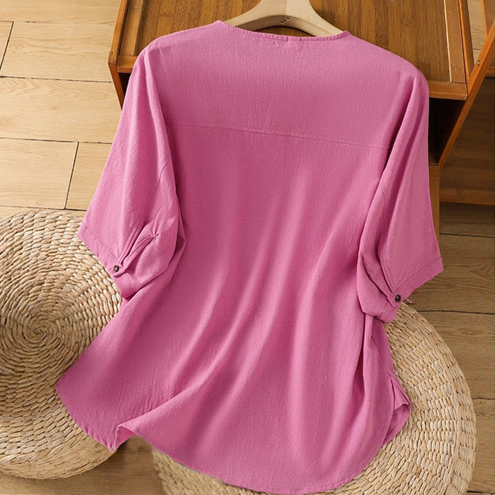 Camisa informal de lino y algodón para mujer, de manga corta, con botones y bolsillo , de Buddha Stones - image 36