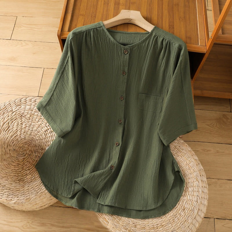 Camisa informal de lino y algodón para mujer, de manga corta, con botones y bolsillo , de Buddha Stones - Verde oscuro - US8-10，UK/AU12-14，EU40-42 (2XL) - image 0