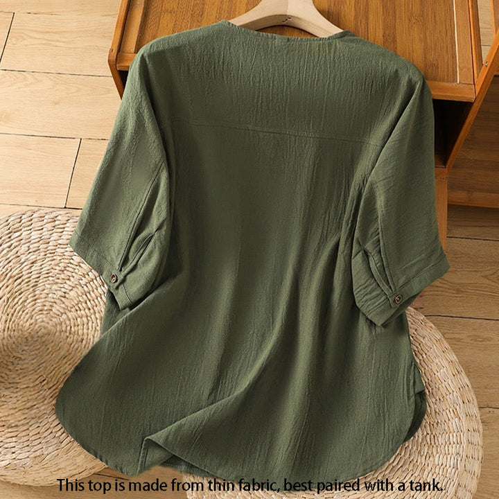 Camisa informal de lino y algodón para mujer, de manga corta, con botones y bolsillo , de Buddha Stones - image 1