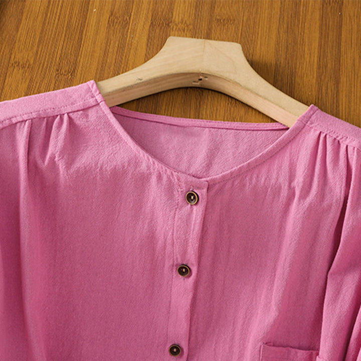 Camisa informal de lino y algodón para mujer, de manga corta, con botones y bolsillo , de Buddha Stones - image 37