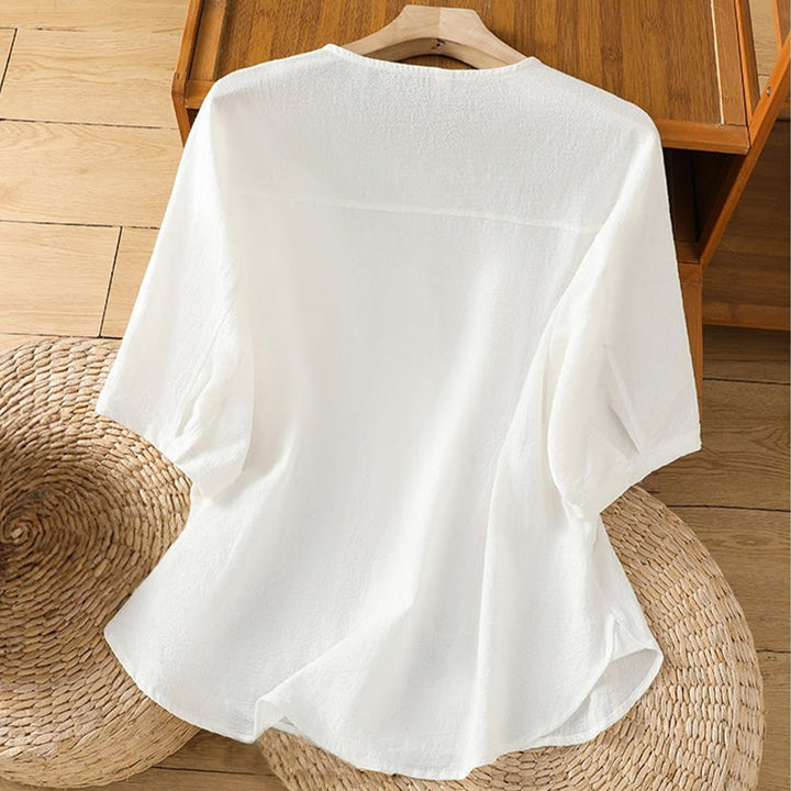 Camisa informal de lino y algodón para mujer, de manga corta, con botones y bolsillo , de Buddha Stones - image 18