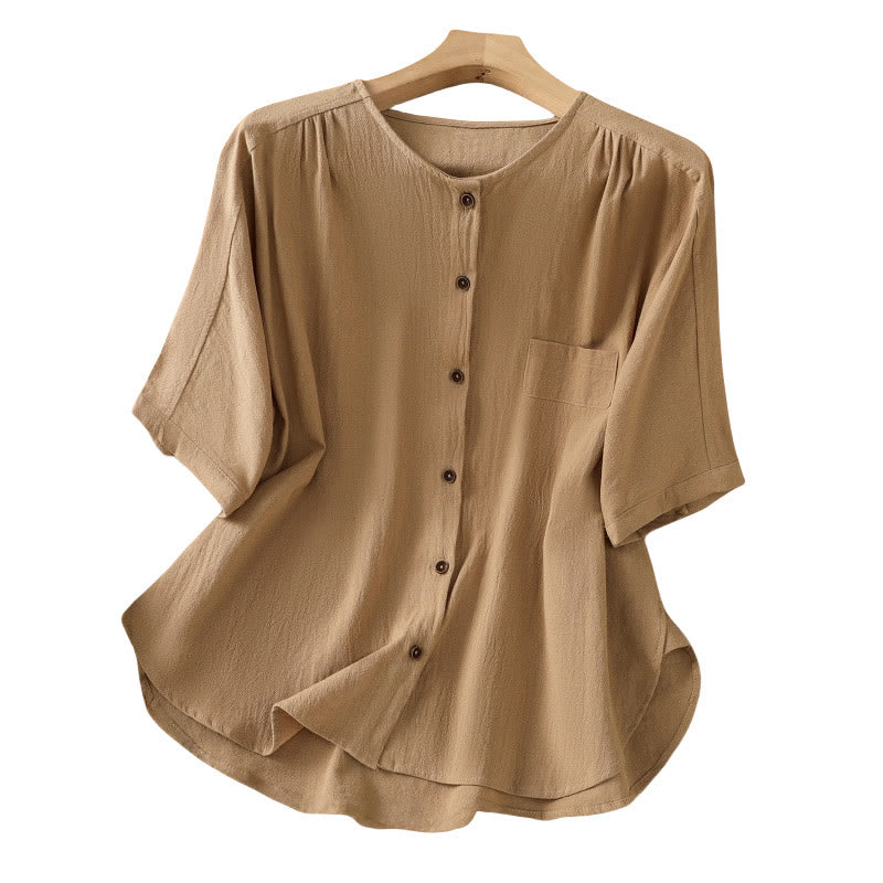 Camisa informal de lino y algodón para mujer, de manga corta, con botones y bolsillo , de Buddha Stones - image 34