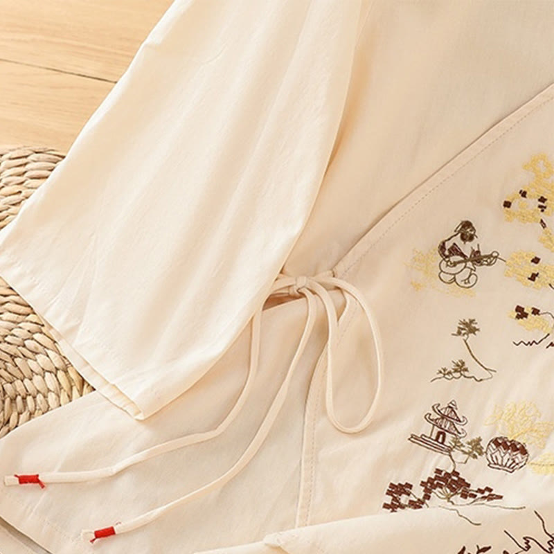 Camiseta de lino y algodón con bordado retro de Buddha Stones , con cordones, manga tres cuartos para mujer - image 6