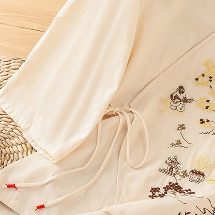 Camiseta de lino y algodón con bordado retro de Buddha Stones , con cordones, manga tres cuartos para mujer - image 6