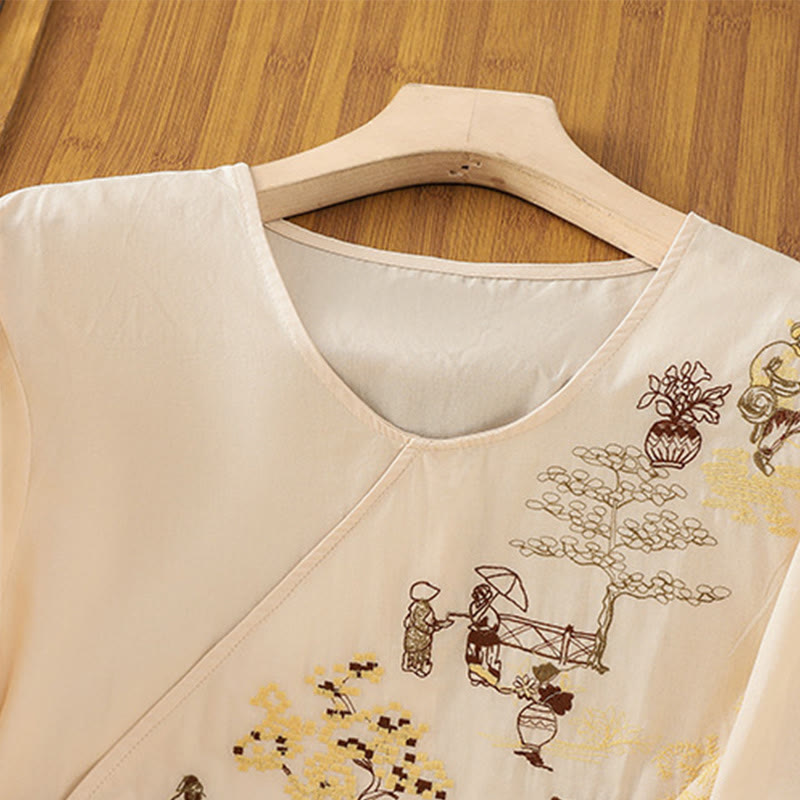 Camiseta de lino y algodón con bordado retro de Buddha Stones , con cordones, manga tres cuartos para mujer - image 2