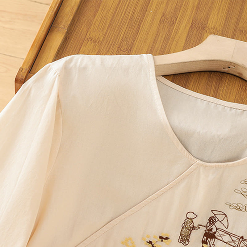 Camiseta de lino y algodón con bordado retro de Buddha Stones , con cordones, manga tres cuartos para mujer - image 3