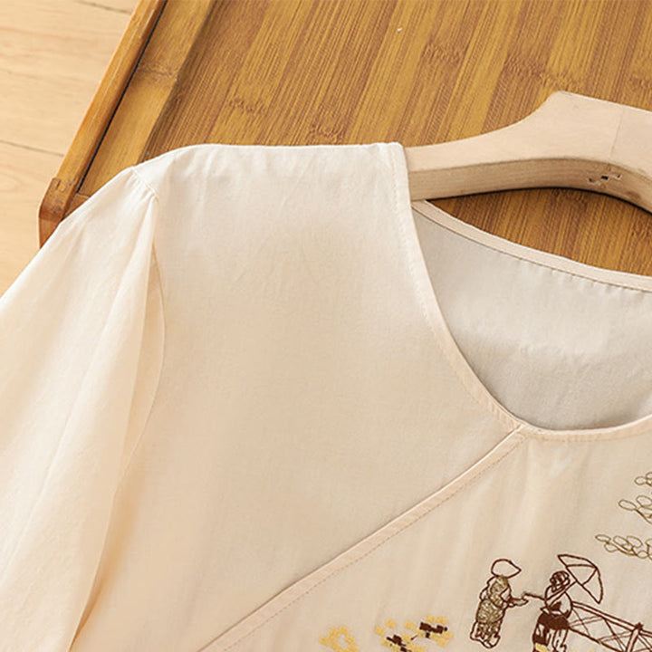 Camiseta de lino y algodón con bordado retro de Buddha Stones , con cordones, manga tres cuartos para mujer - image 3