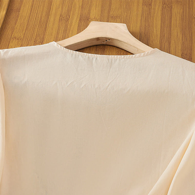 Camiseta de lino y algodón con bordado retro de Buddha Stones , con cordones, manga tres cuartos para mujer - image 4