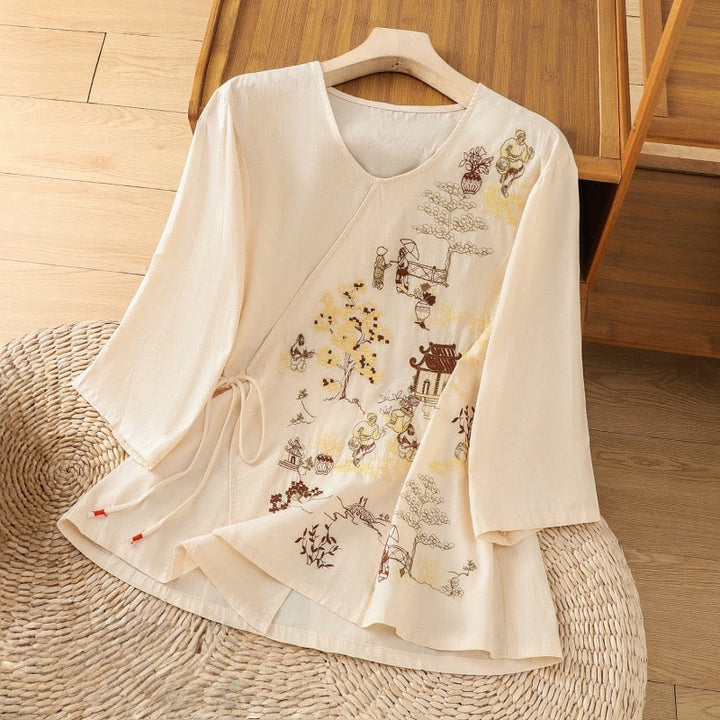 Camiseta de lino y algodón con bordado retro de Buddha Stones , con cordones, manga tres cuartos para mujer - Chifón de limón - US12, UK/AU16, EU44 (2XL) - image 0