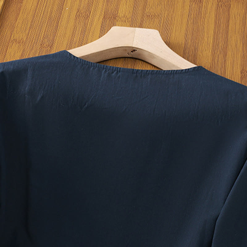 Camiseta de lino y algodón con bordado retro de Buddha Stones , con cordones, manga tres cuartos para mujer - image 18