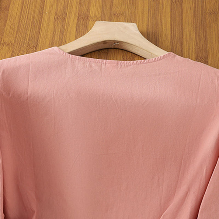 Camiseta de lino y algodón con bordado retro de Buddha Stones , con cordones, manga tres cuartos para mujer - image 11