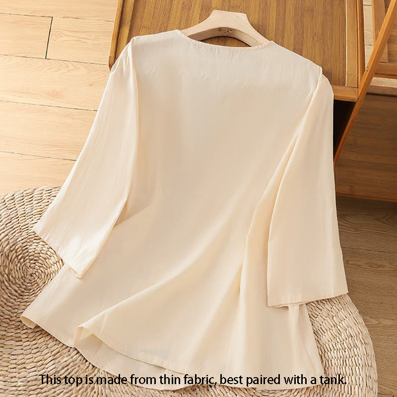 Camiseta de lino y algodón con bordado retro de Buddha Stones , con cordones, manga tres cuartos para mujer - image 1