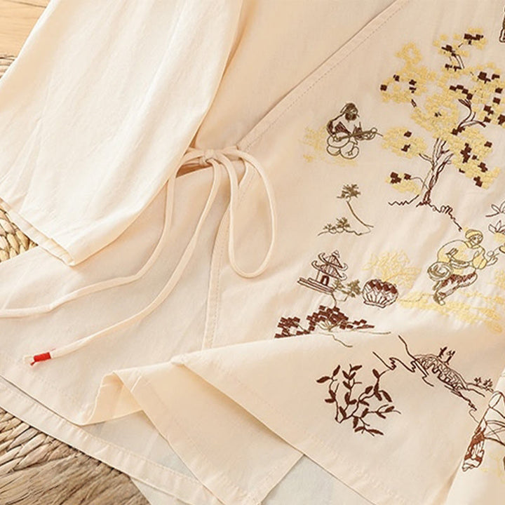 Camiseta de lino y algodón con bordado retro de Buddha Stones , con cordones, manga tres cuartos para mujer - image 5