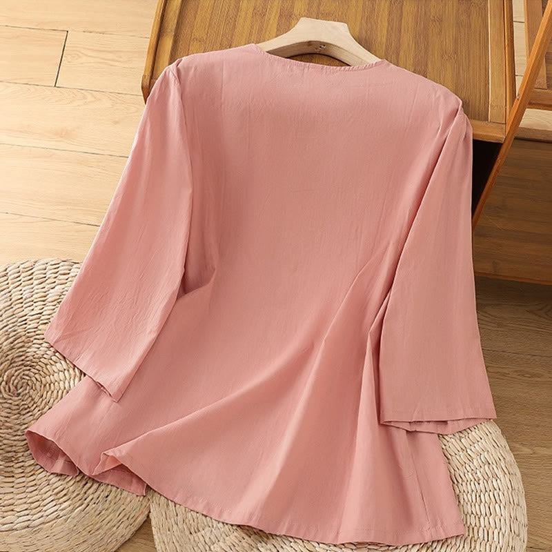 Camiseta de lino y algodón con bordado retro de Buddha Stones , con cordones, manga tres cuartos para mujer - image 9