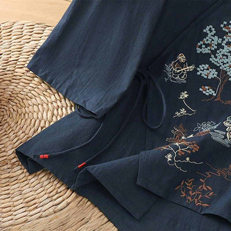 Camiseta de lino y algodón con bordado retro de Buddha Stones , con cordones, manga tres cuartos para mujer - image 19