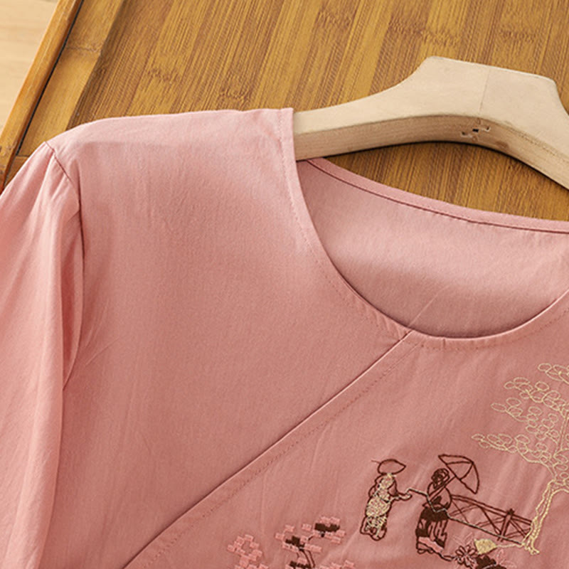 Camiseta de lino y algodón con bordado retro de Buddha Stones , con cordones, manga tres cuartos para mujer - image 10