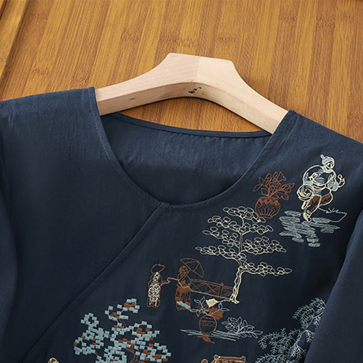 Camiseta de lino y algodón con bordado retro de Buddha Stones , con cordones, manga tres cuartos para mujer - image 16