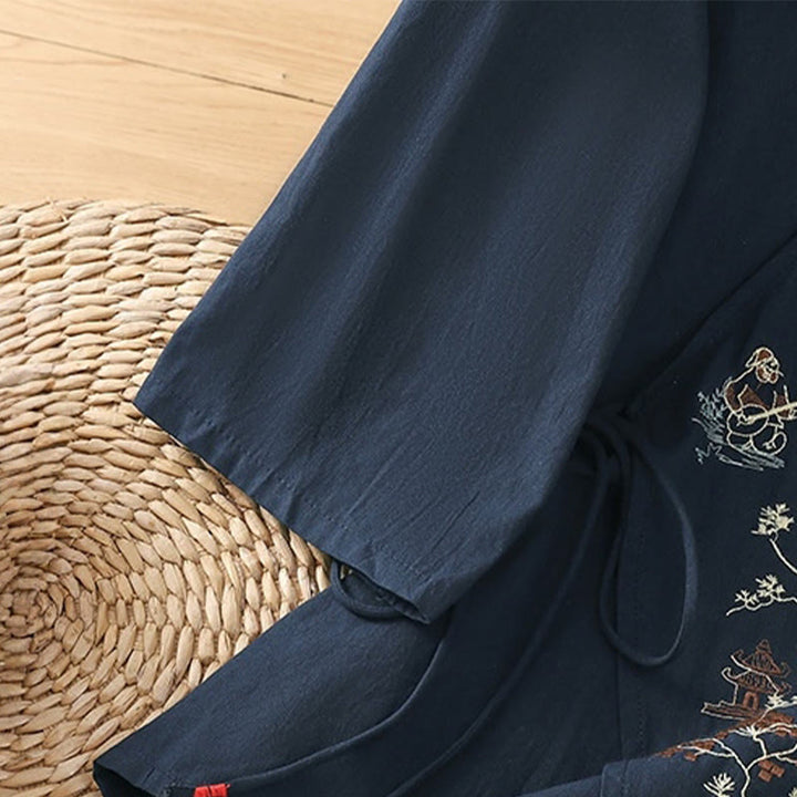 Camiseta de lino y algodón con bordado retro de Buddha Stones , con cordones, manga tres cuartos para mujer - image 20