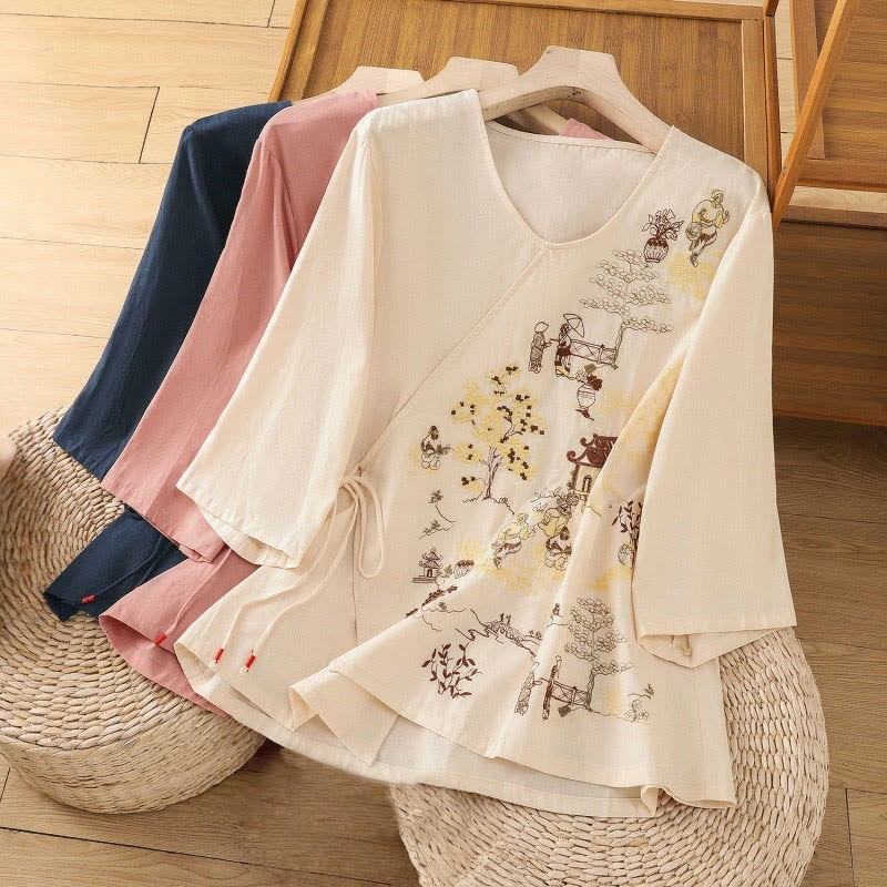 Camiseta de lino y algodón con bordado retro de Buddha Stones , con cordones, manga tres cuartos para mujer - image 22