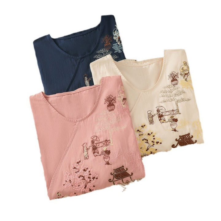 Camiseta de lino y algodón con bordado retro de Buddha Stones , con cordones, manga tres cuartos para mujer - image 23