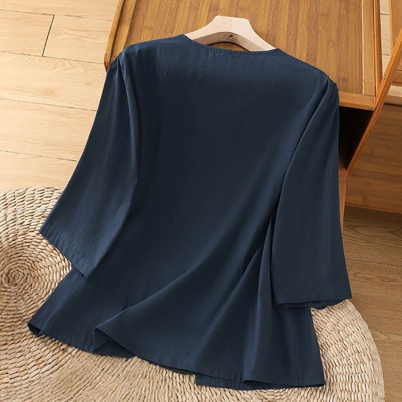 Camiseta de lino y algodón con bordado retro de Buddha Stones , con cordones, manga tres cuartos para mujer - image 15