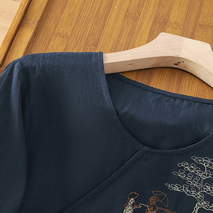 Camiseta de lino y algodón con bordado retro de Buddha Stones , con cordones, manga tres cuartos para mujer - image 17