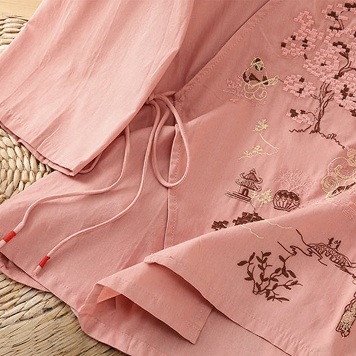 Camiseta de lino y algodón con bordado retro de Buddha Stones , con cordones, manga tres cuartos para mujer - image 12