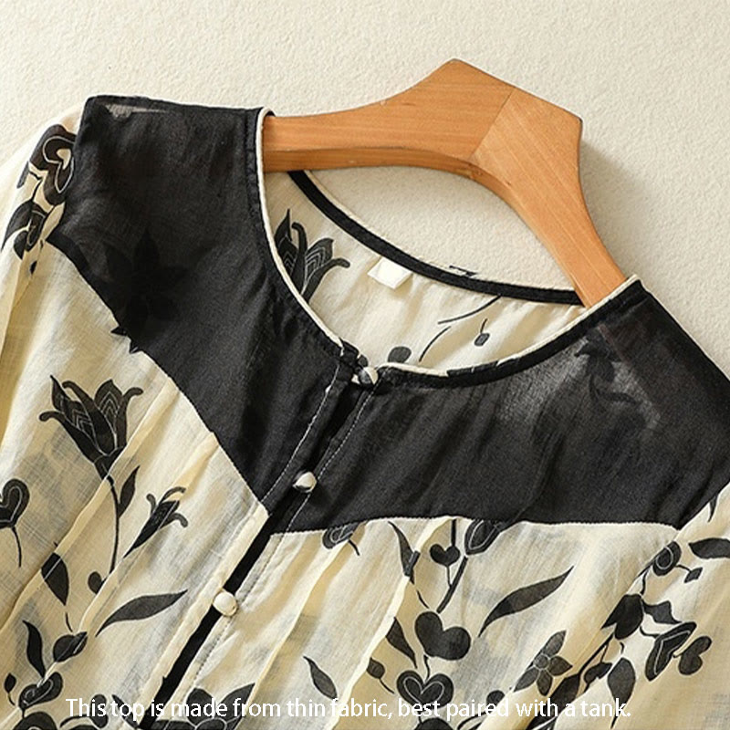 Camisa de mujer de media manga con estampado de Buddha Stones , botones florales y contraste de color - image 1