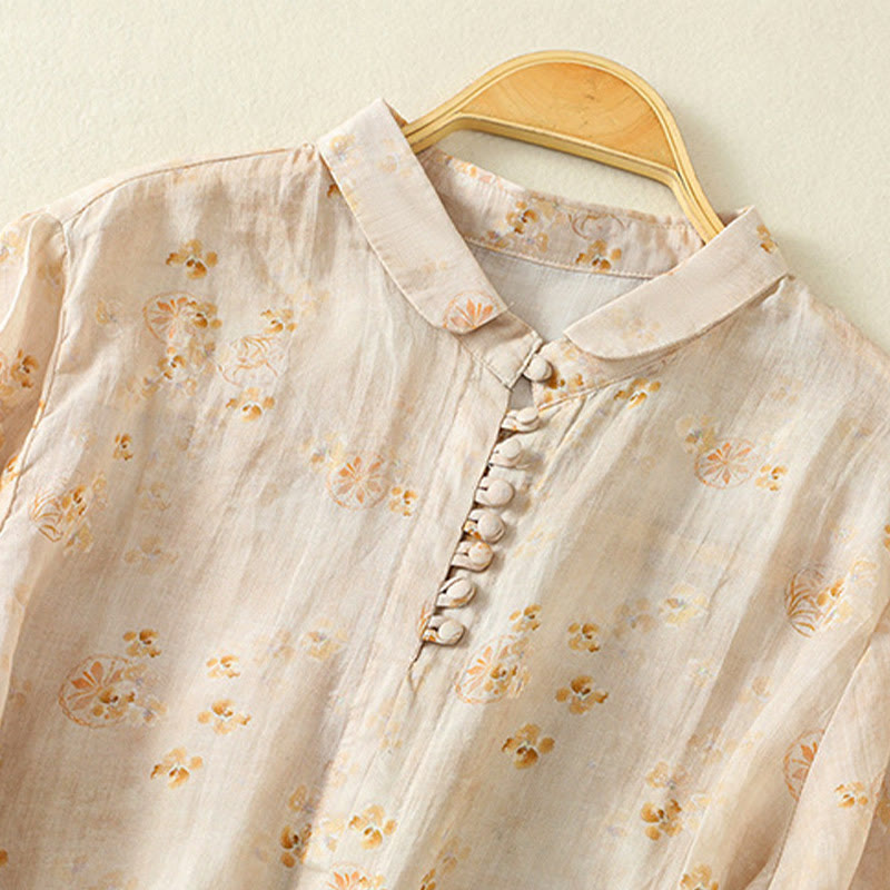 Camisa de algodón para mujer con estampado de Buddha Stones , botones de rana, solapa y media manga - image 10