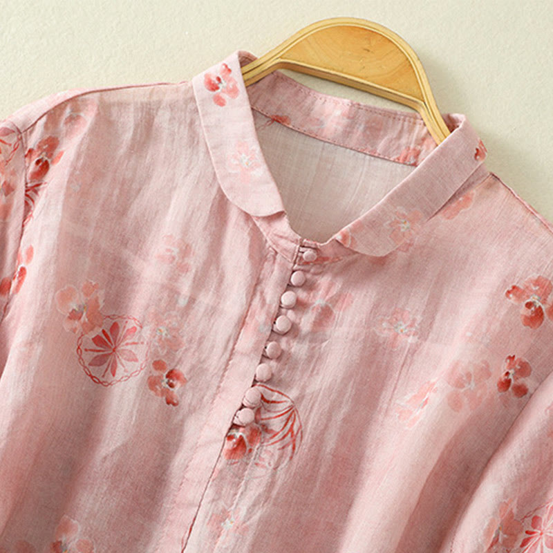 Camisa de algodón para mujer con estampado de Buddha Stones , botones de rana, solapa y media manga - image 2